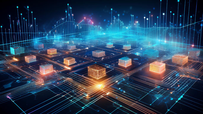 Visual representation of blockchain technology with interconnected digital nodes, glowing data blocks, and network pathways symbolizing transparency and decentralized innovation.