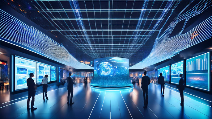 Futuristic expo hall with glowing digital screens, interactive displays, and professionals networking, representing the dynamic business environment of China's leading trade expos.