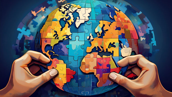 Hands placing puzzle pieces on a globe, symbolizing the strategic assembly of cultural and market elements for global expansion by big brands.