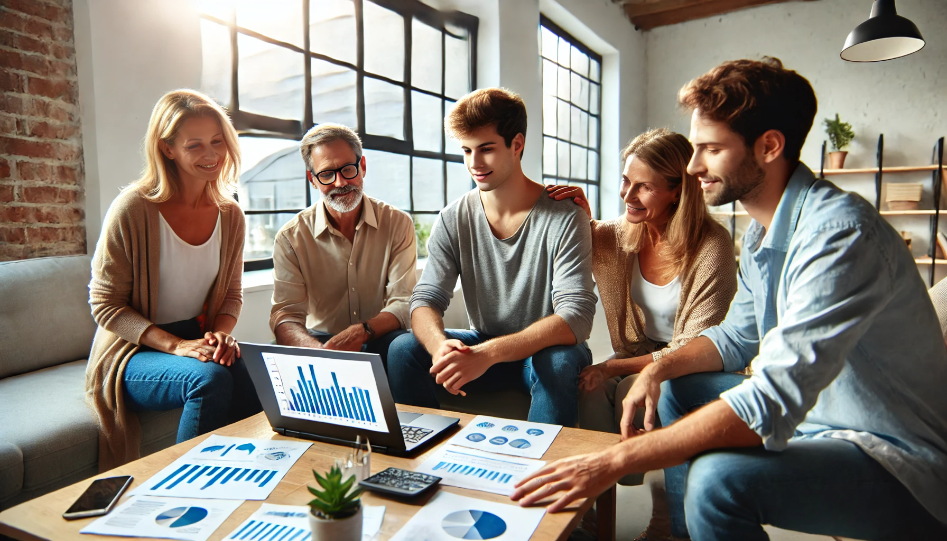 Startup founder discussing investment opportunities with family in a modern office setting.