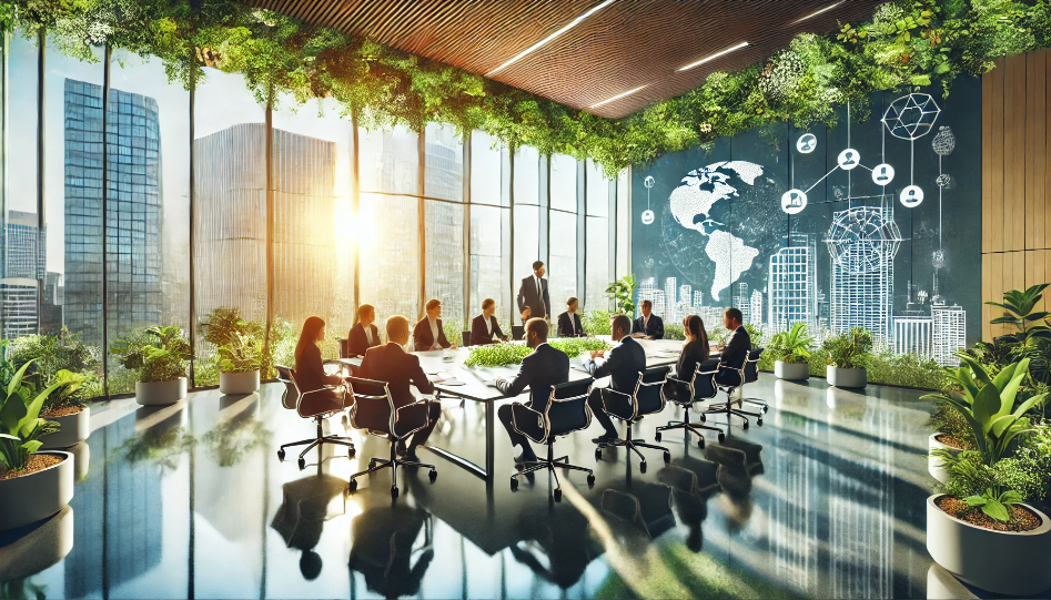 A modern business office with professionals engaged in a collaborative discussion, emphasizing sustainability and teamwork.