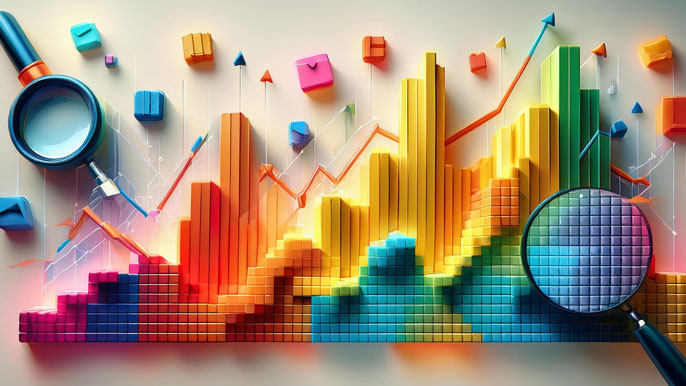 A vibrant 3D Renko chart made of colorful bricks, with magnifying glasses and arrows highlighting the simplified trend lines and noise-free market analysis.