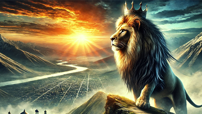 A majestic lion standing on a hilltop, overlooking a vast kingdom with a vibrant sunrise in the background, symbolizing leadership, vision, and strategic thinking, connecting to the entrepreneurial mindset.