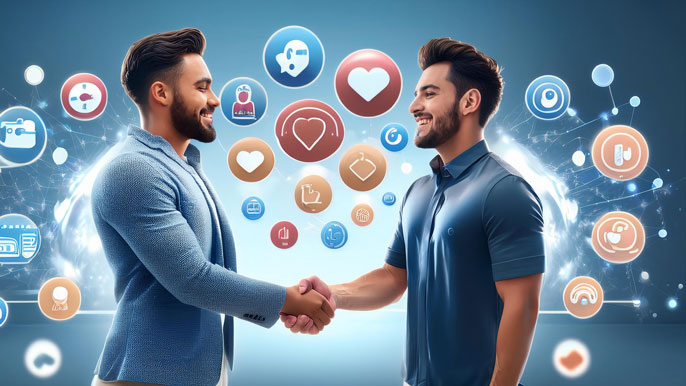 Two men shaking hands surrounded by floating product icons and social media symbols, representing influencer partnerships in retail advertising.