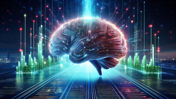 A glowing digital brain emitting trading signals, surrounded by holographic stock charts and data streams in a futuristic setting.