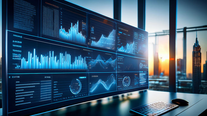 A bank's digital dashboard displaying charts and graphs showing the impact of changing interest rates on loan demand and profitability, with key financial indicators and trends highlighted.