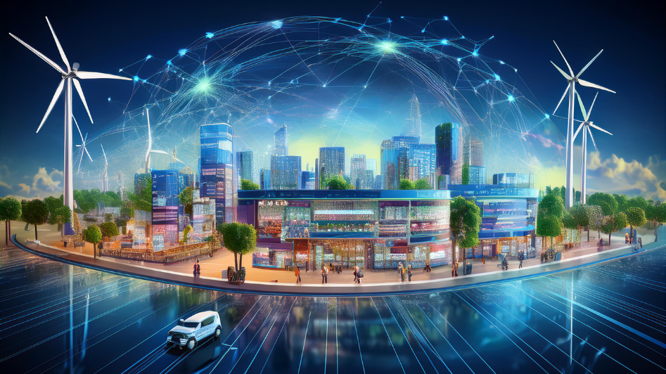 Futuristic city in 2025 showcasing interconnected global business networks with wind turbines, smart buildings, and digital data streams, representing sustainable globalization and small business integration in a high-tech environment.