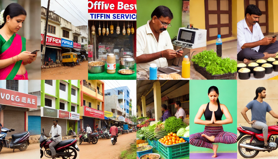 Indian neighborhood with offline businesses including tiffin delivery, mobile repair, yoga session, and an organic vegetable stall.