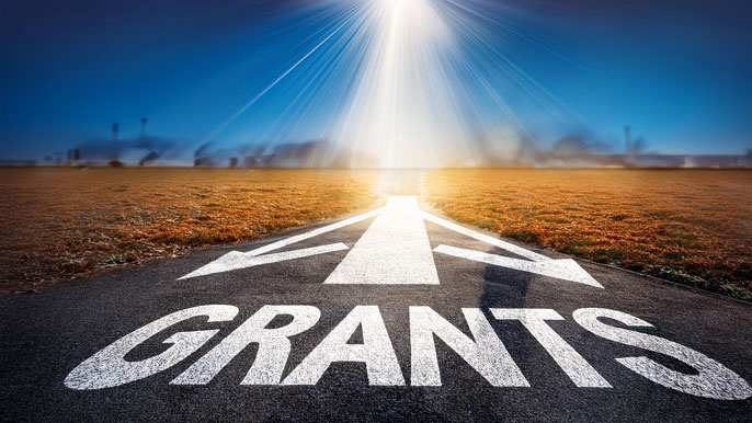 A beam of light shines on a road labeled "Grants," with arrows pointing forward, symbolizing the clear path that grants provide toward business growth and opportunity.