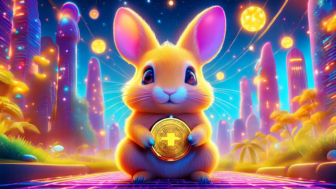 A cute, glowing yellow bunny holding a digital token with a futuristic pink and yellow neon cityscape in the background.