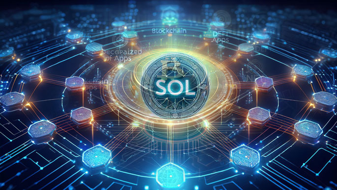 Futuristic Solana (SOL) network concept with a glowing SOL token connected to nodes representing blockchain, DeFi, and decentralized applications, symbolizing scalability and innovation.