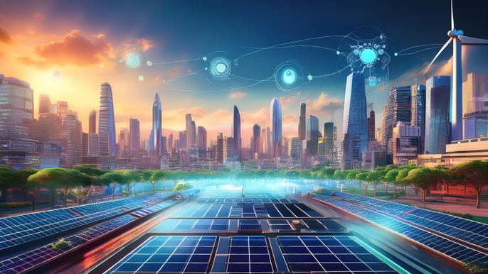 Futuristic Indian cityscape featuring solar panels, wind turbines, and digital technology icons representing AI and innovation, symbolizing future business opportunities in India for 2025-2035