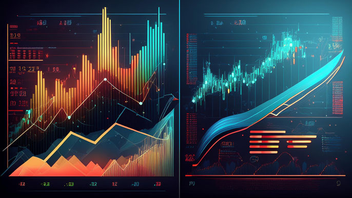 A side-by-side comparison of futures and options performance charts, displaying trends in asset prices, risk levels, and leverage. The image highlights the differences between the two financial instruments.