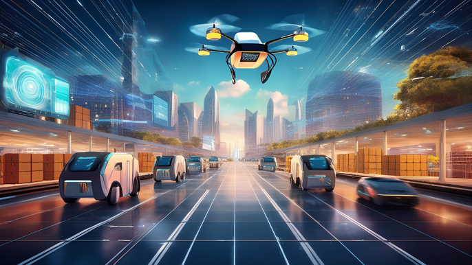 A futuristic logistics hub featuring autonomous delivery drones and self-driving vehicles transporting packages in an advanced cityscape, symbolizing the next advancements in business and technology beyond e-commerce.