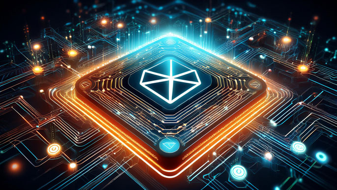 A futuristic glowing Zerebro token integrated within a digital circuit board, symbolizing the AI-powered smart contracts and innovative automation capabilities of the blockchain.