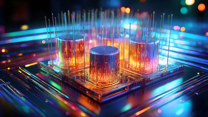 A close-up view of a quantum processor with glowing components and fine lines, symbolizing the technical challenges and instability associated with maintaining qubit stability in quantum computing.