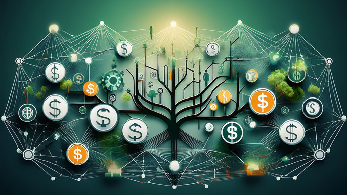 Interconnected web of branches and business symbols like dollar signs, gears, and charts, symbolizing a business ecosystem where industries thrive through diversity and collaboration, mimicking natural ecosystems.