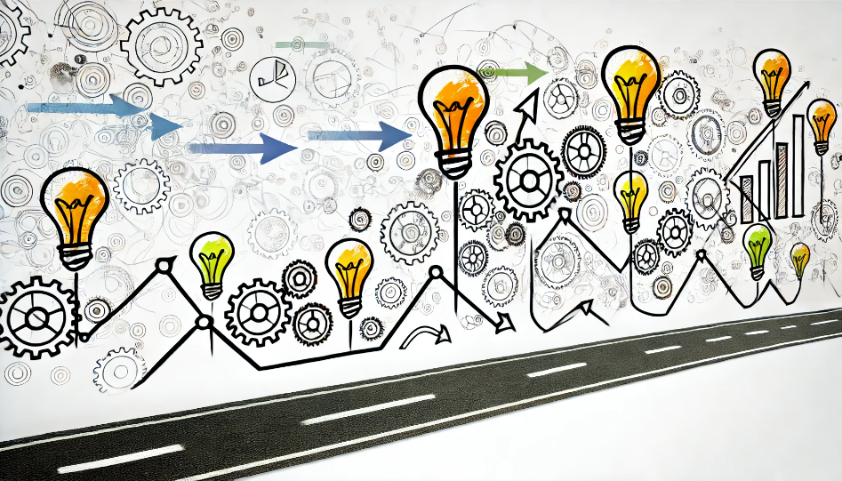 Abstract image representing the journey from idea to execution in business, featuring lightbulbs, gears, upward arrows, and roadmaps symbolizing progress and success.