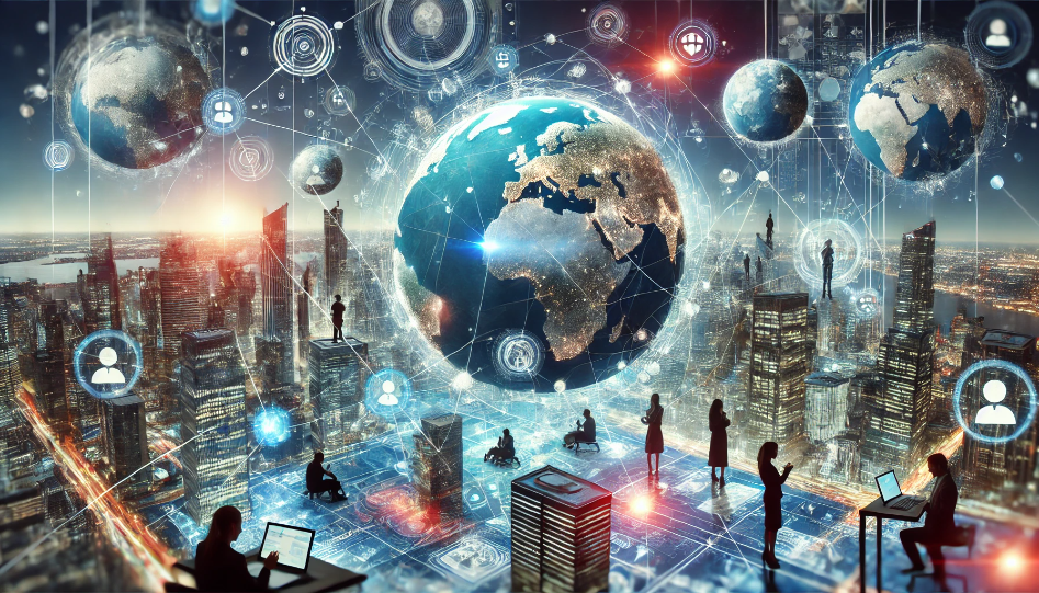 Surreal global business landscape with floating globes connected by glowing lines, futuristic cities, and individuals interacting with digital interfaces, symbolizing innovation and international collaboration.