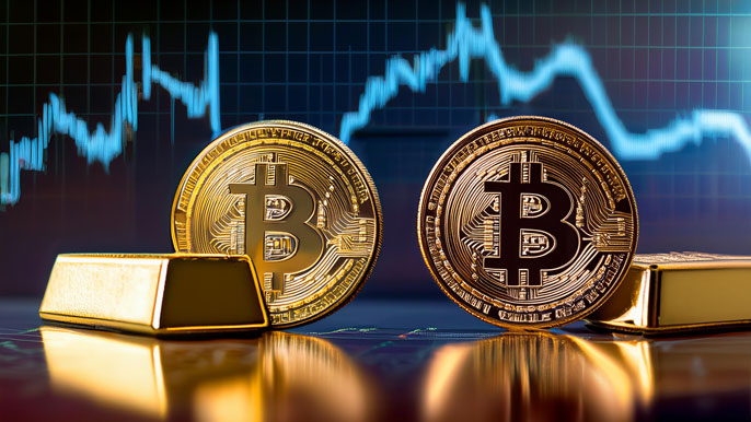 Two glowing Bitcoin coins alongside gold bars on a financial chart background, symbolizing their roles as inflation hedges.