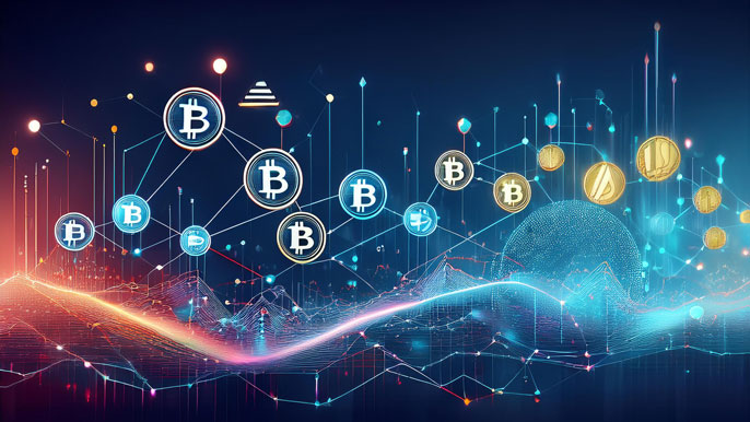 Timeline of cryptocurrency icons transitioning into news charts and articles, set against a blockchain network backdrop, symbolizing the flow of crypto information.