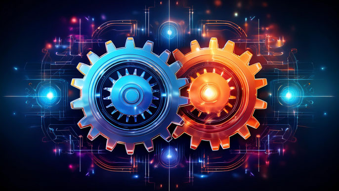 Two interconnected glowing gears, one blue and one orange, symbolizing the collaboration and synergy of business partnerships driving shared success and innovation.