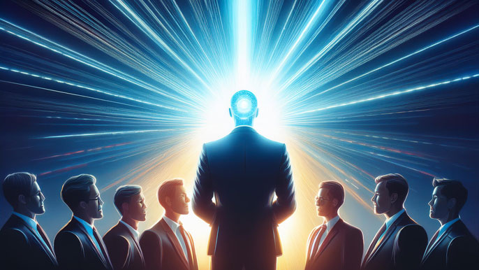 A business leader radiates light from their head, symbolizing the influence of quantum thinking and energy on motivating a team.