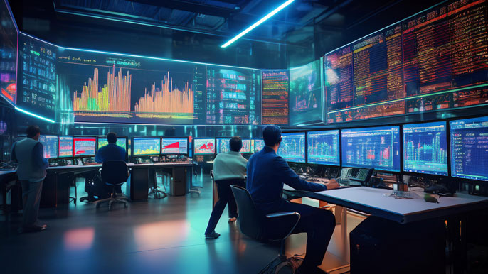 Indian stock trading floor with professionals analyzing blockchain and cryptocurrency data on multiple screens.