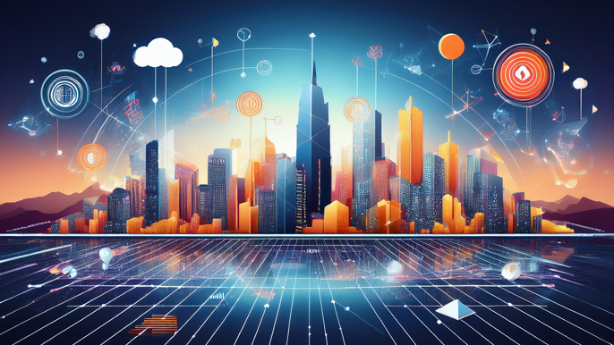 Abstract image representing entrepreneurial internships, with a cityscape backdrop, symbols of business growth, innovation, and digital connections, symbolizing learning and future opportunities.