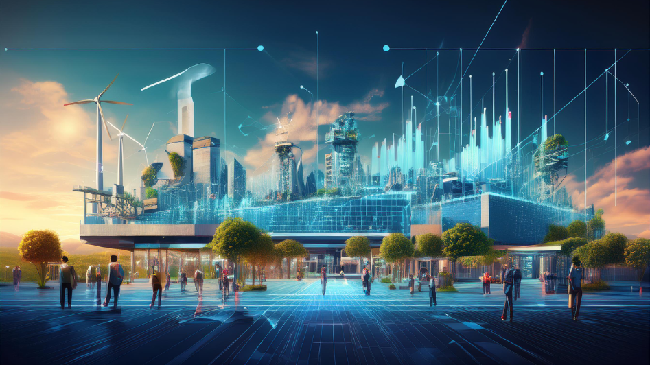 A futuristic cityscape in 2025 featuring sustainable energy sources like wind turbines, modern architecture, and data-driven economic growth projections, representing economic recovery and innovation.