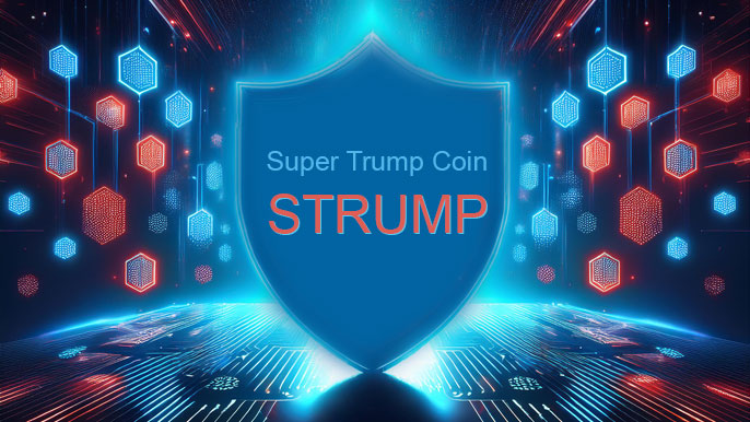 A glowing blue shield with the words "Super Trump Coin STRUMP," surrounded by red and blue blockchain hexagonal patterns.