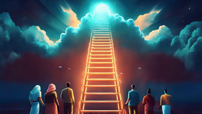 A glowing ladder reaching into the clouds, surrounded by diverse individuals gazing upward with determination, symbolizing vision, strategy, and teamwork leading to success.