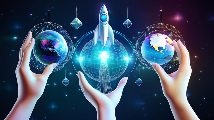 Three hands holding a rocket and digital globes, symbolizing the innovative contributions of Gates, Bezos, and Zuckerberg to sustainability, space exploration, and global connectivity.