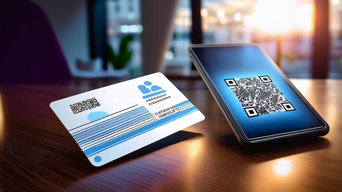 Modern business card with a QR code placed next to a smartphone displaying a digital e-card, symbolizing the transition from traditional business cards to digital solutions.