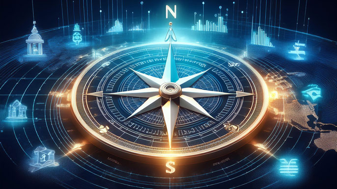 A glowing compass with icons of legal documents, currency symbols, and business graphs, symbolizing navigating international compliance and taxation across a world map with digital data streams.