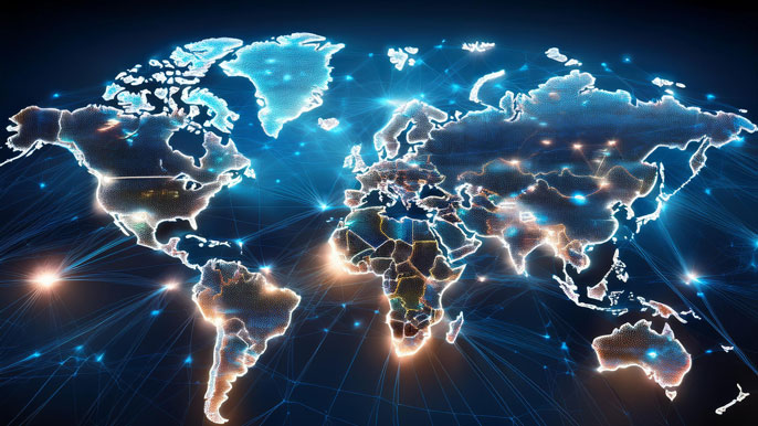 A global map with glowing nodes of various sizes across different regions, connected by lines, symbolizing the trade and market interactions between heterogeneous firms of different scales worldwide.