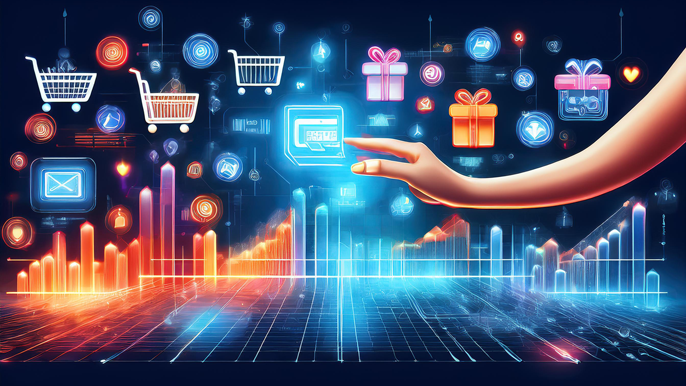 Hand reaching towards floating e-gift icons and shopping carts in a digital space, symbolizing the rise of e-gifts in business marketing, customer engagement, and loyalty.