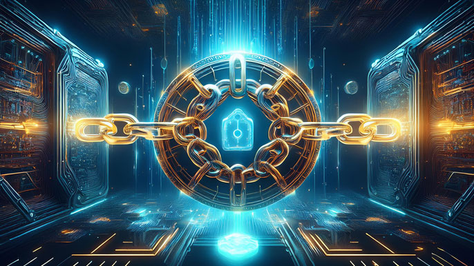 A glowing blockchain symbol at the center, surrounded by digital connections, with a secure vault representing safety in a futuristic cyber landscape.