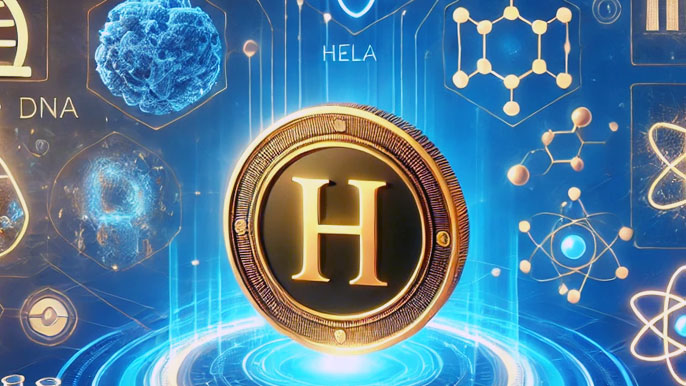 A glowing HELA token surrounded by scientific holograms such as DNA strands, molecules, and lab equipment, symbolizing the integration of blockchain technology with scientific research and education.