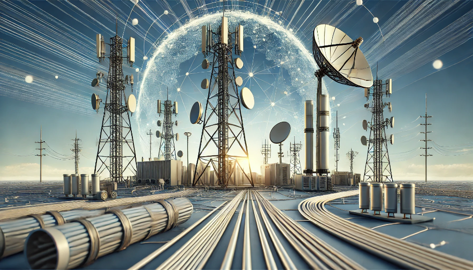 Modern telecommunication network with cell towers, fiber optic cables, and satellite dishes under a clear blue sky, symbolizing global connectivity in business.