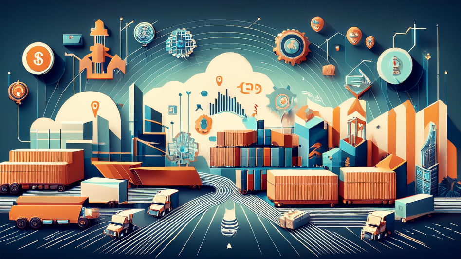 Abstract illustration of product distribution and commerce, featuring trucks, shipping containers, and graphs symbolizing the buying, selling, and logistics process.