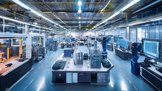 A high-tech factory floor with advanced machinery and robotic arms, showcasing a seamless blend of process automation and outcome measurement, reflecting the balance between process efficiency and successful outcomes in business operations.