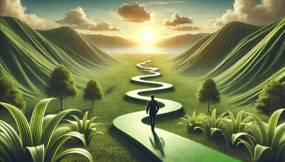 An entrepreneur walks on a winding path through a green landscape, heading towards distant mountains with the sun rising behind them, symbolizing the journey of overcoming challenges and achieving success in business.