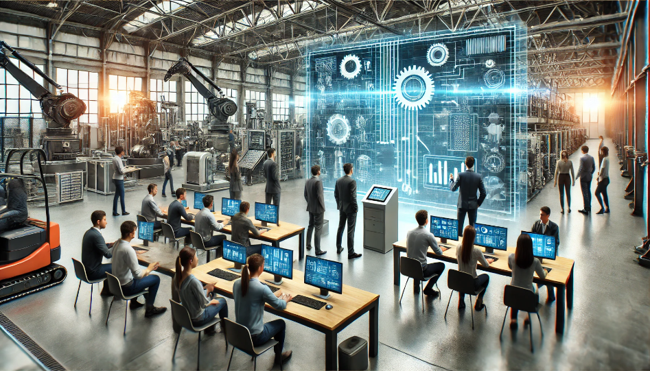 A modern industrial training setting with employees learning new technologies and hands-on skills, featuring digital screens, machinery, and teamwork in a high-tech environment, symbolizing workforce development and innovation.