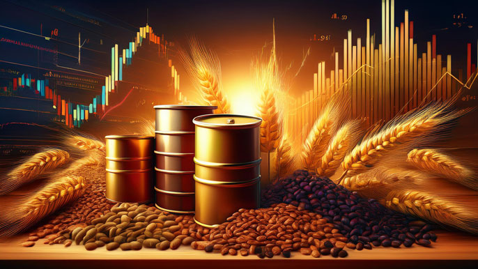 A display of oil barrels, gold, wheat, and coffee beans with stock market charts in the background, representing the trading of hard and soft commodities in global markets.