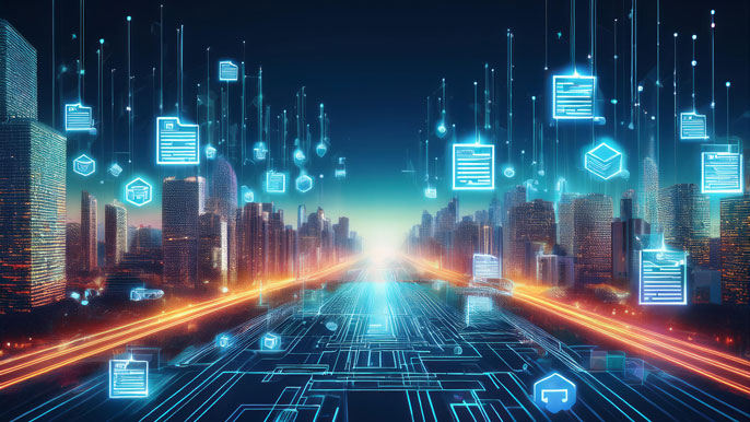 Futuristic cityscape with glowing holographic smart contracts floating between buildings, representing blockchain technology automating legal and real estate transactions in a digital network.