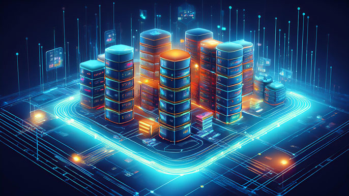 A digital illustration of a structured data warehouse system with layers of organized data tables and a high-tech flow, symbolizing efficient data storage and the ETL process.