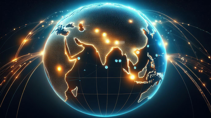 A glowing globe with connection points linking business hubs like Singapore and India, symbolizing cross-border business operations.