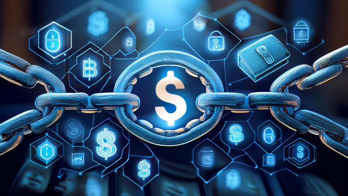 A strong chain with a central dollar symbol surrounded by cryptocurrency icons like Bitcoin and digital wallets, symbolizing the integration of blockchain technology in traditional banking for secure digital transactions.