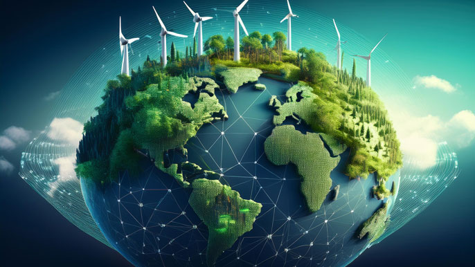 A green Earth with forests, wind turbines, and glowing digital networks, symbolizing sustainability and technological innovation.